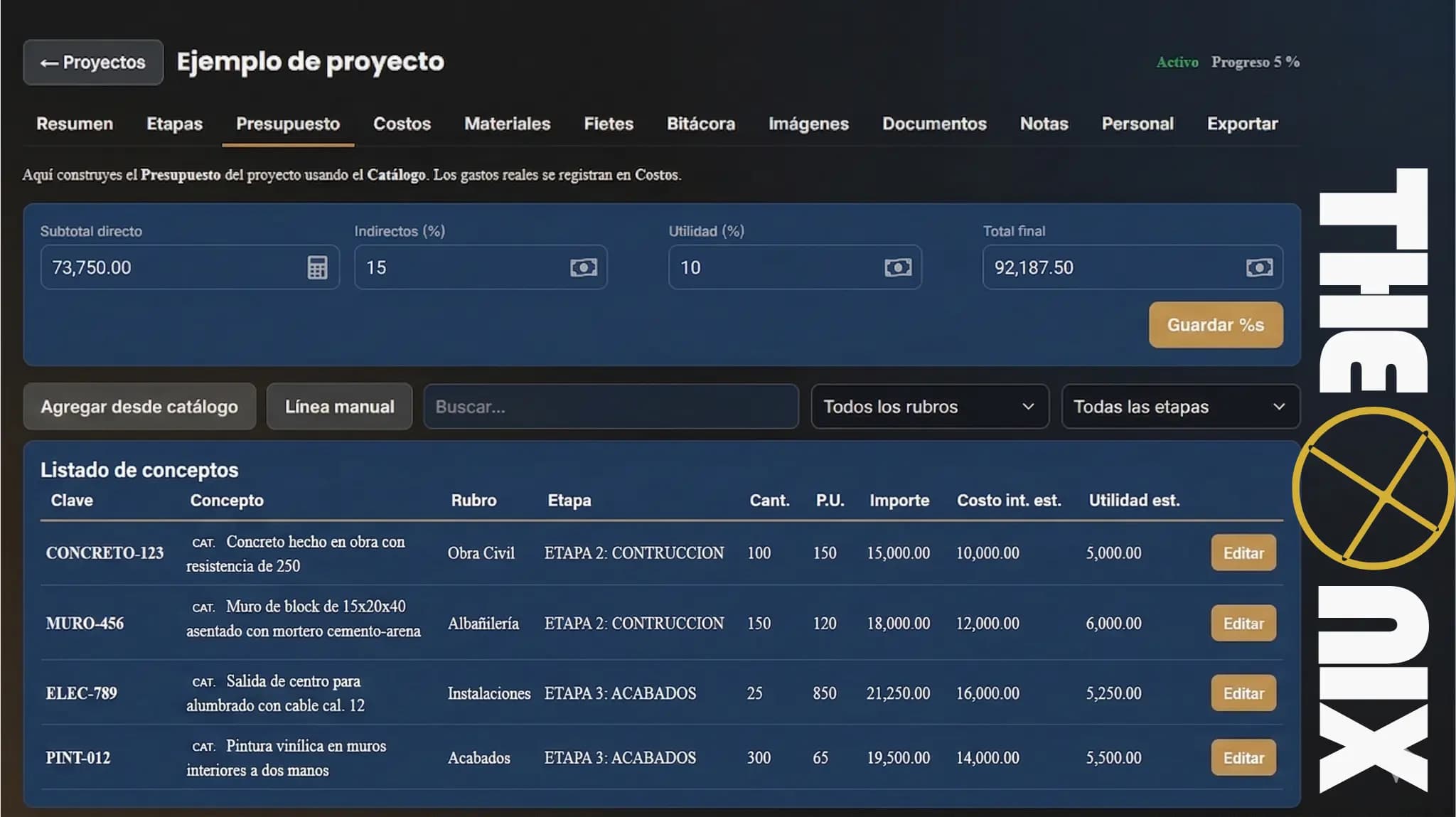 Vista del tablero TheoCONSTRUCTOR: obra, bitácora y costos